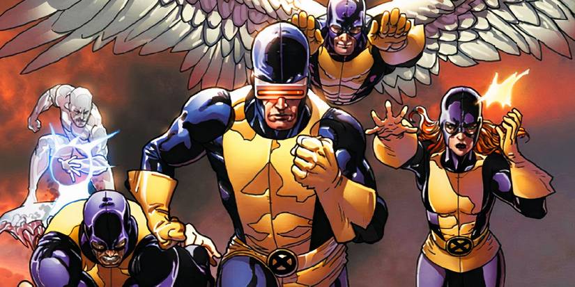Comic book art: Cyclops, Marvel Girl, Angel, Iceman and Beast as the original X-Men team.