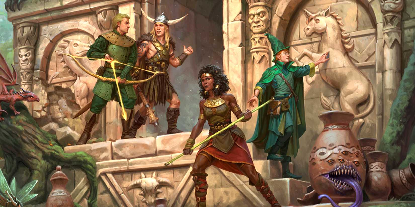 A Dungeons & Dragons adventuring party on the steps of a dungeon in 2024 Player's Handbook art.