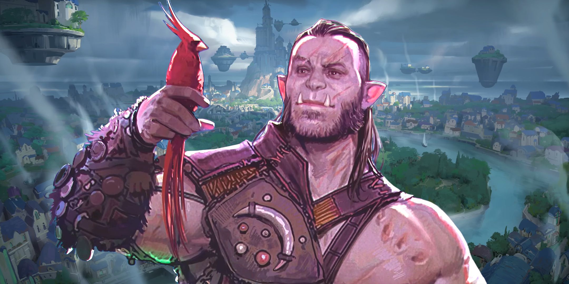 A druid from Dungeons & Dragons holding a cardinal-like bird on his finger in front of a city backdrop from the Forgotten Realms setting.