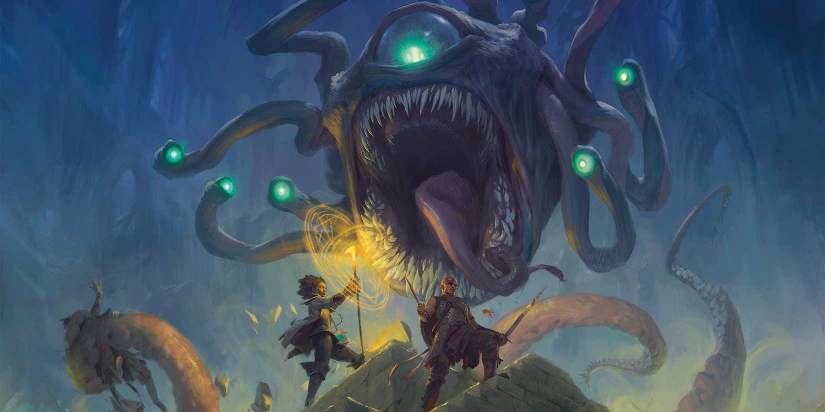 D&D Monster Manual 2025 Cover Art showing an open-mouthed many-eyed Beholder looming behind heroic characters.