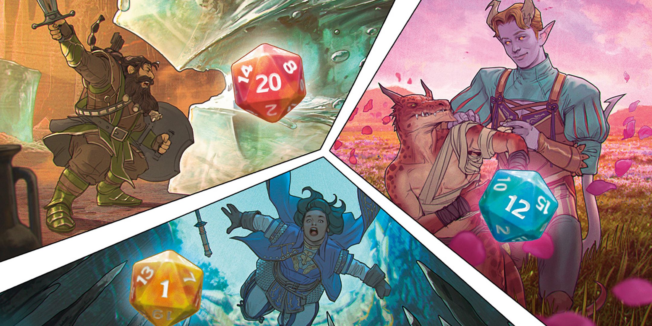 Artwork of various characters and D20 dice rolls in Dungeons & Dragons.