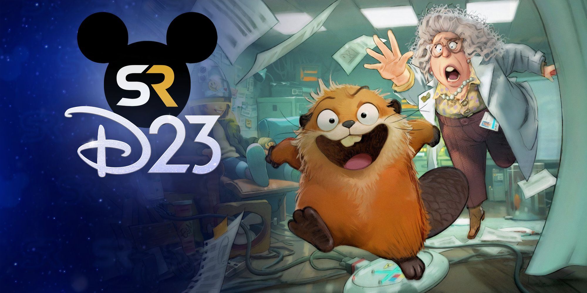 A doctor chasing a happy beaver in Hoppers D23 announcement concept art