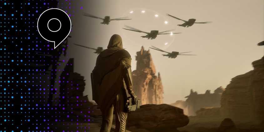 Player standing holding a gun in Dune: Awakening while ornithopters fly above, the Gamescom logo is to the left.