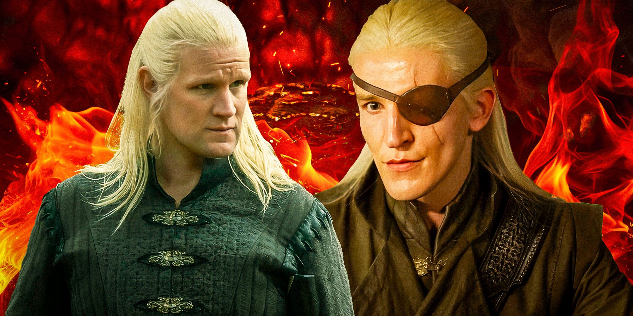 Daemon Targaryen (Matt Smith) and Aemond Targaryen (Ewan Mitchell) in House of the Dragon with a flame background