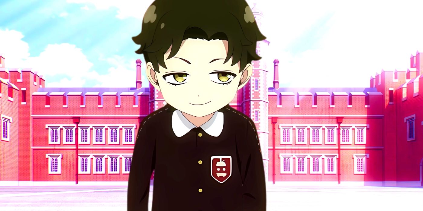Damian smiling while he walks. Behind him, the entrance of Eden Academy can be seen.
