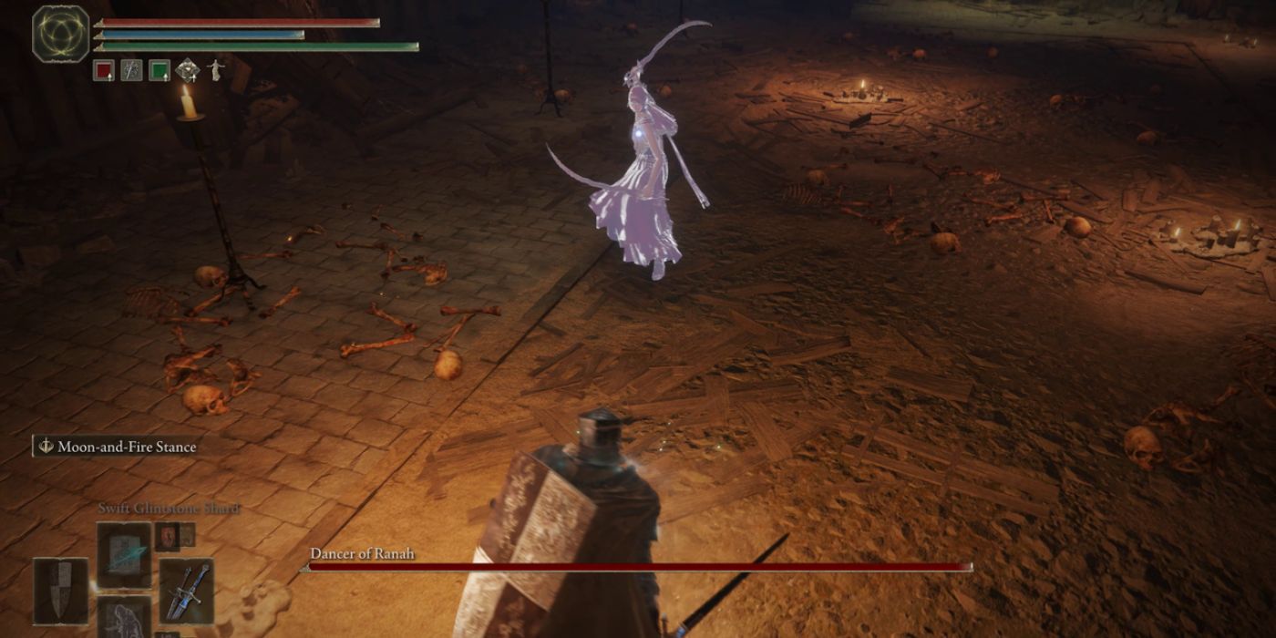 Jogador lutando contra o chefe Dancer of Ranah em Elden Ring: Shadow of the Erdtree DLC.