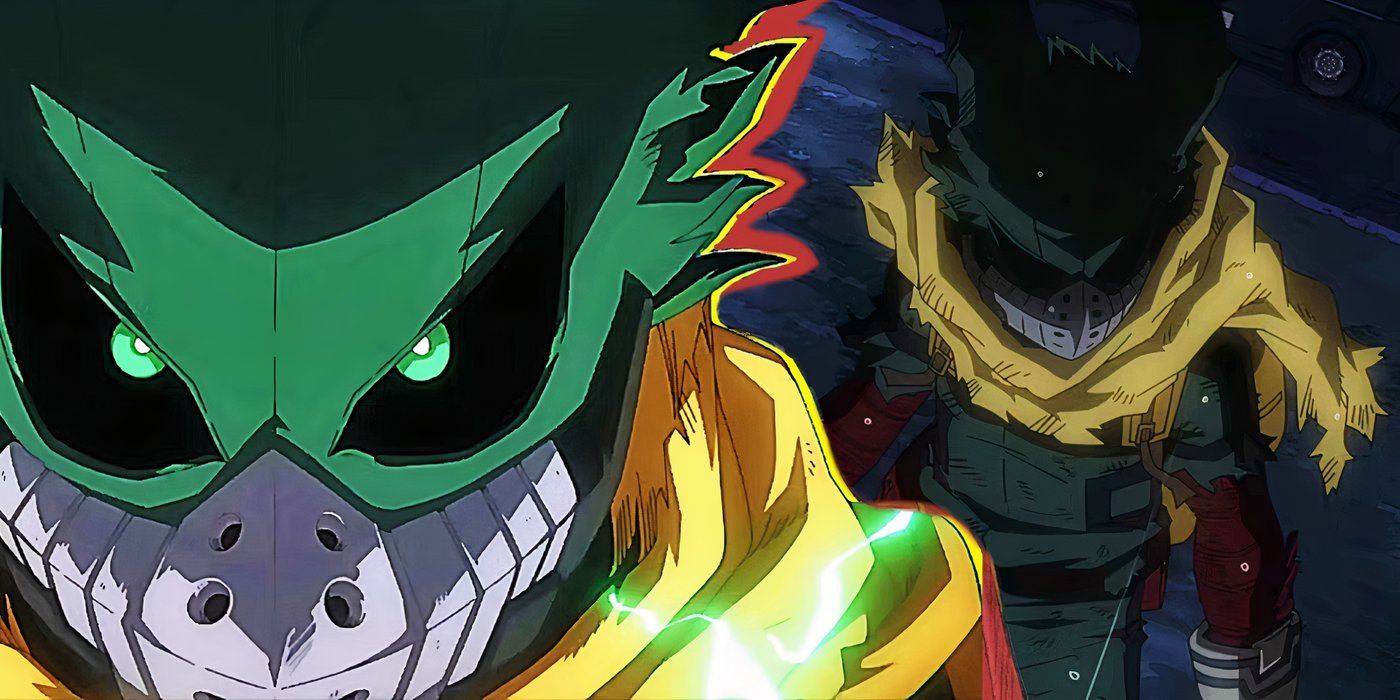 Dark Deku in costume staring forward in a close up on the right and Dark Deku in costume walking away to the left