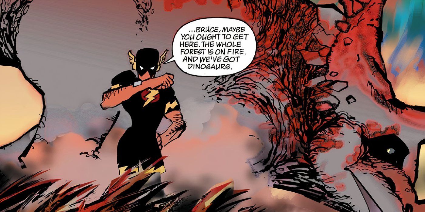 Flash standing next to a dinosaur and communicating with Batman on his wrist thing