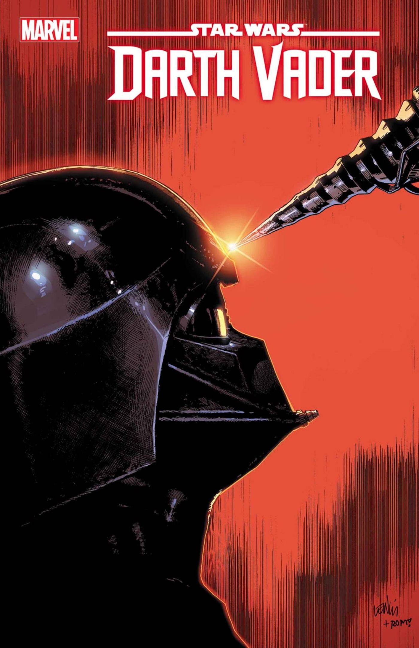 Capa de Star Wars: Darth Vader #49 mostrando uma broca penetrando no capacete de Darth Vader.