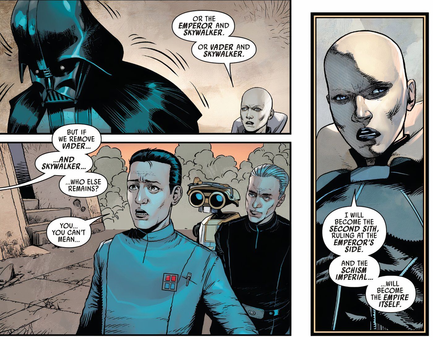 Sly Moore dizendo a Darth Vader que quer ser aprendiz de Palpatine.