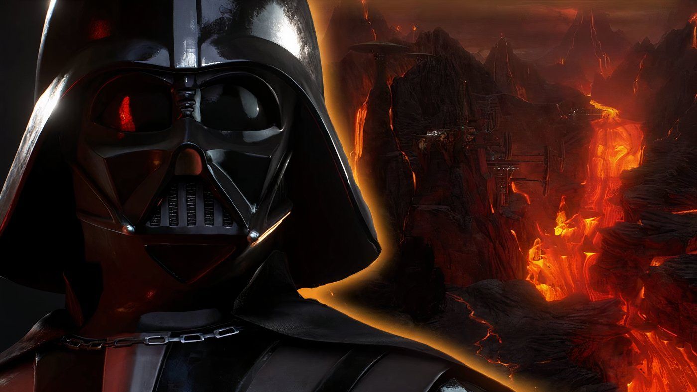 Darth Vader with his castle on Mustafar behind him.