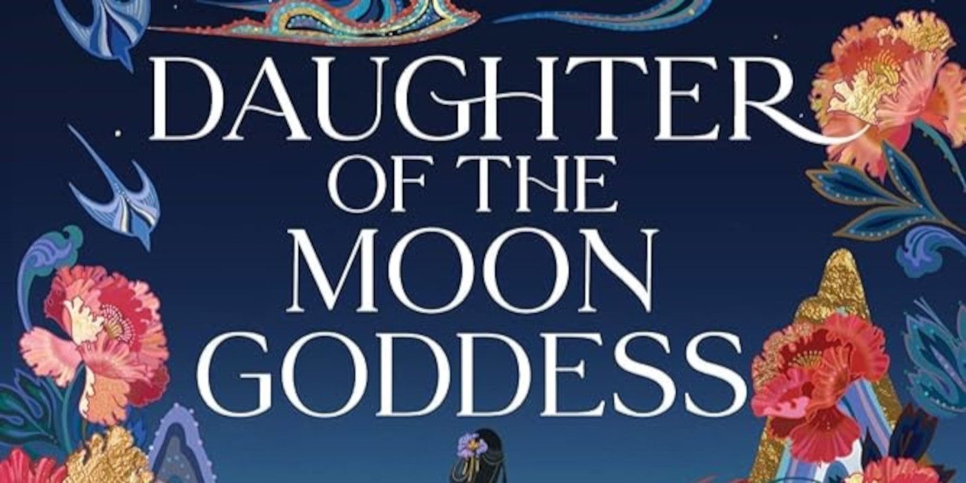 Daughter of the Moon Goddess Cover featuring the title in white text, a blue background, and flowers along the edges