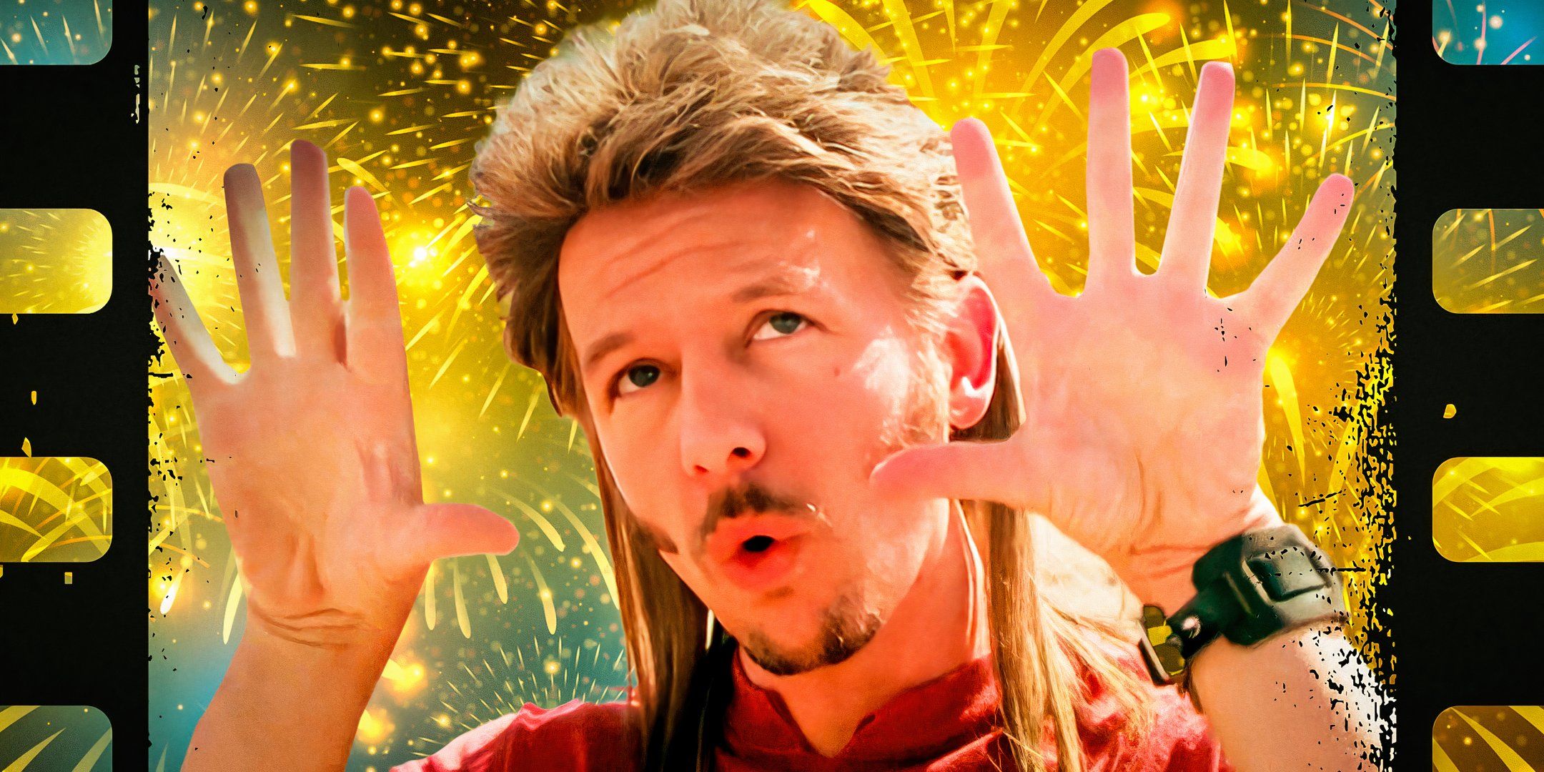 David Spade as Joe Dirt with his hands open in amazement overtop a background of fireworks and film strips
