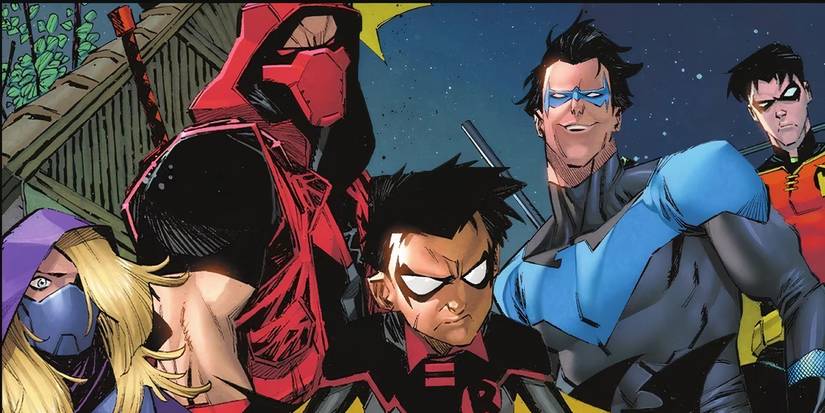 DC's Robins Tim Drake, Jason Todd, Stephanie Brown, Damian Wayne, and Dick Grayson huddled together in a comics image