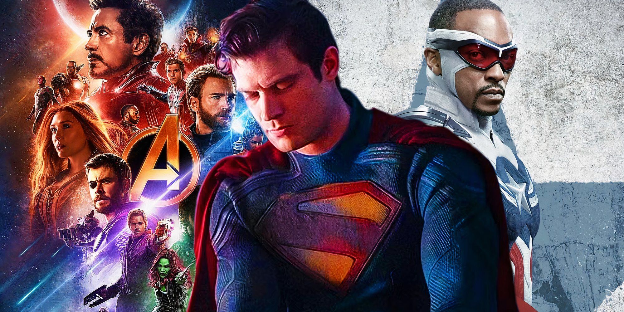 David Corenswet as the DCU&rsquo;s Superman between the poster for Sam Wilson in the MCU and Avengers: Infinity War (2018)