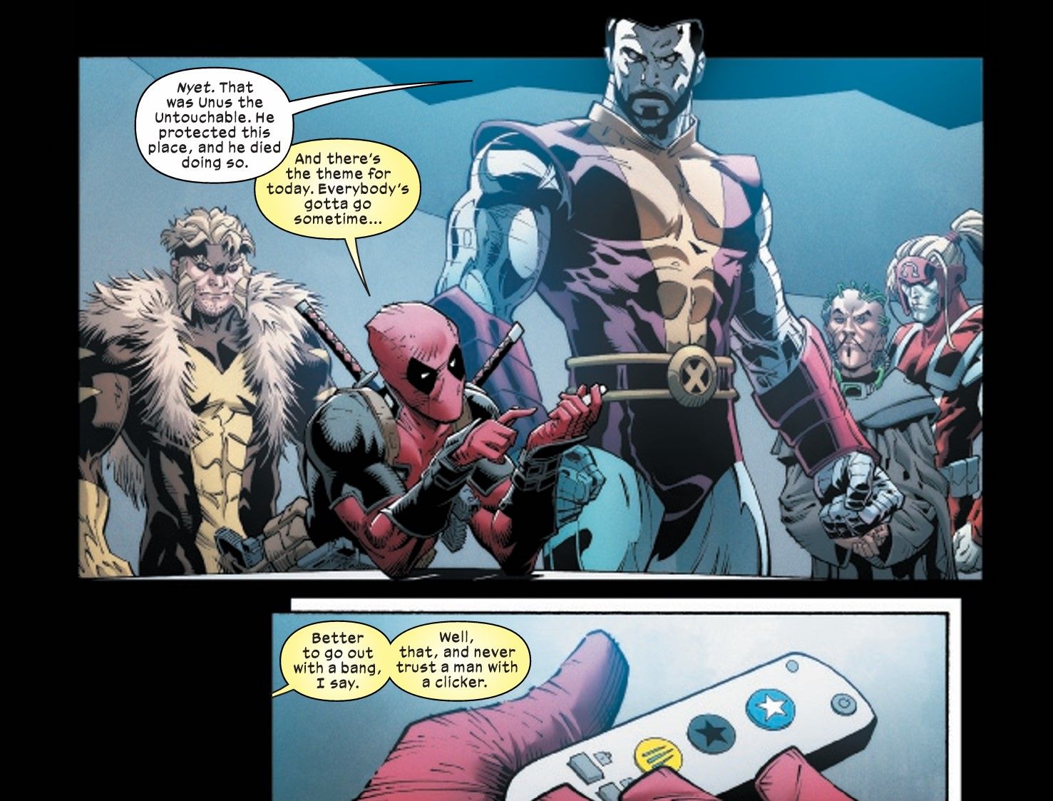 Deadpool and Colossus as members of the Brotherhood of Evil Mutants, with Deadpool mistaking a detonator for a bomb.