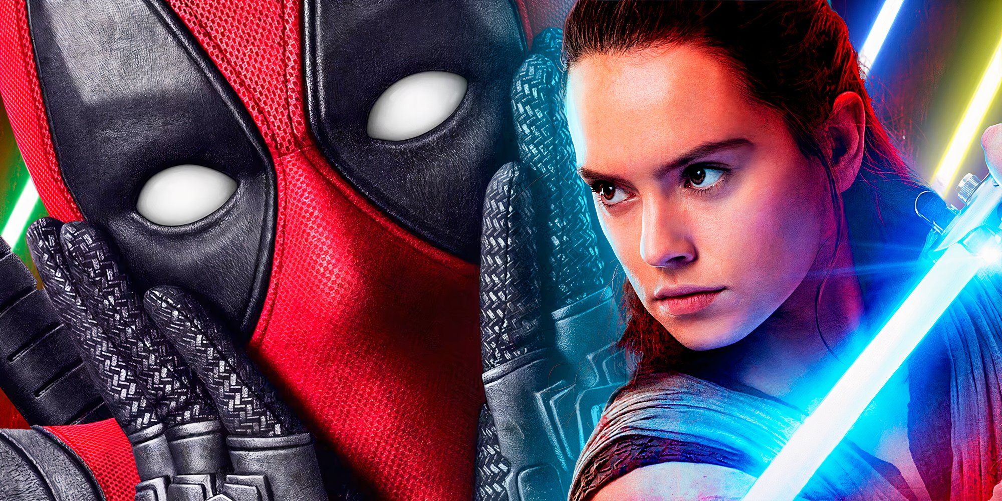 Deadpool looking shocked and Rey Skywalker in Star Wars brandishing her blue lightsaber