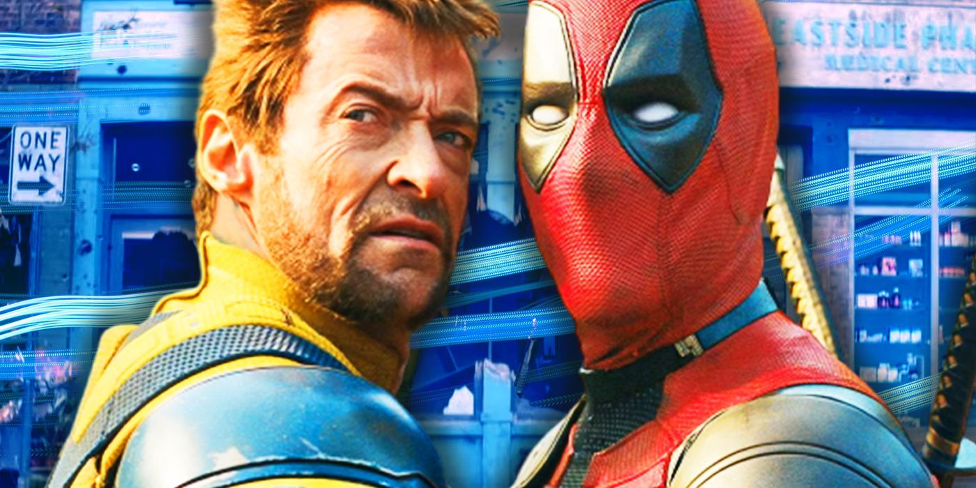 Deadpool and Wolverine standing face to face with a blue street background