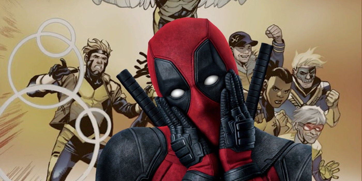 Deadpool with his hands placed on his cheeks overlaid over an image of the new X-Factor team.