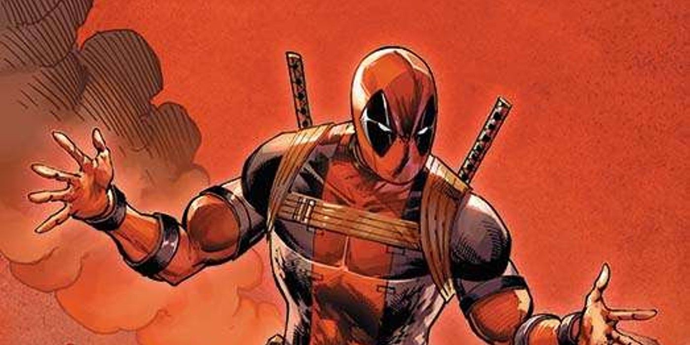 Deadpool stands with his hands out as an explosion cloud smokes behind him.