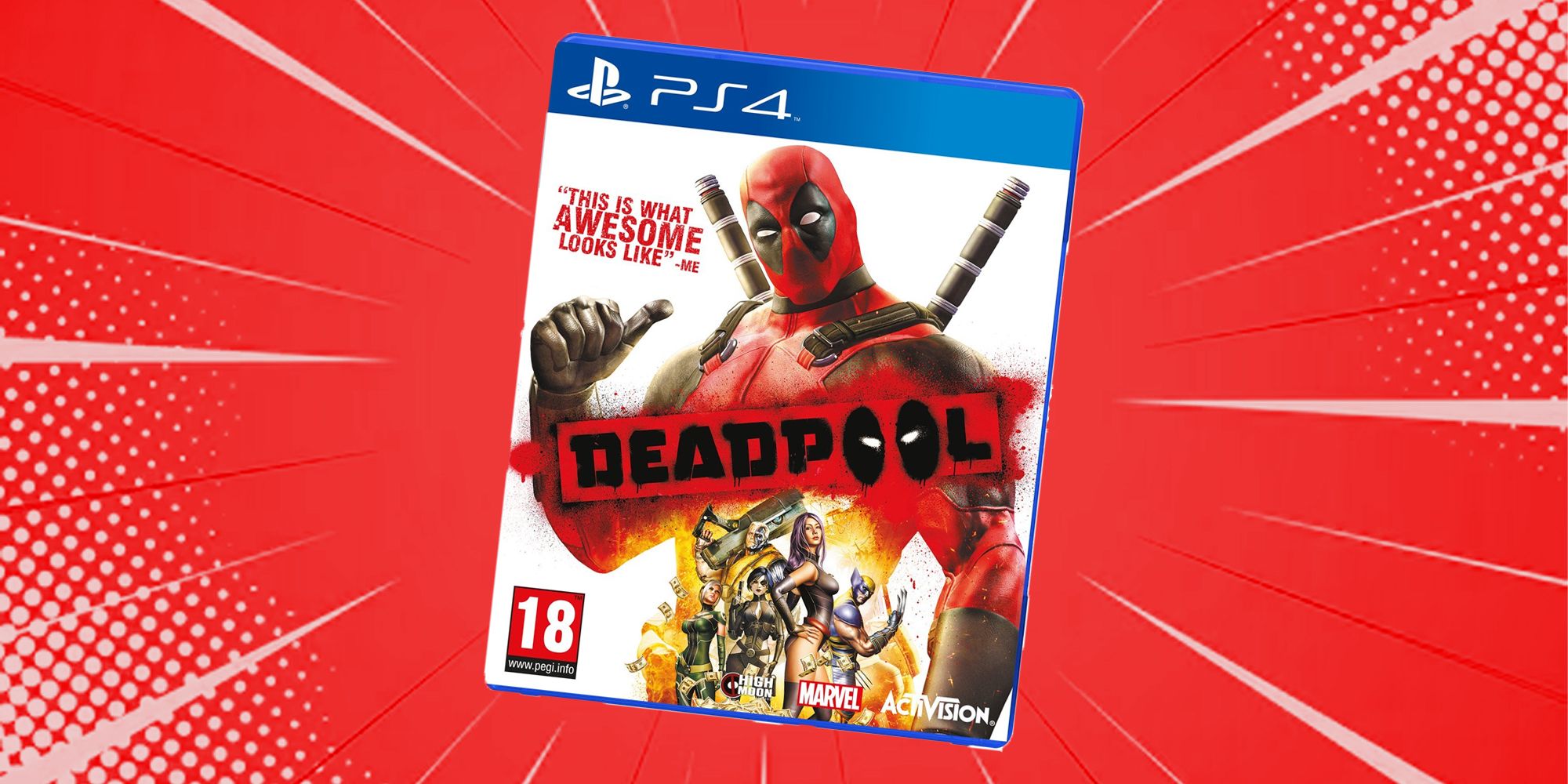 Capa do jogo Deadpool em fundo dramático de história em quadrinhos