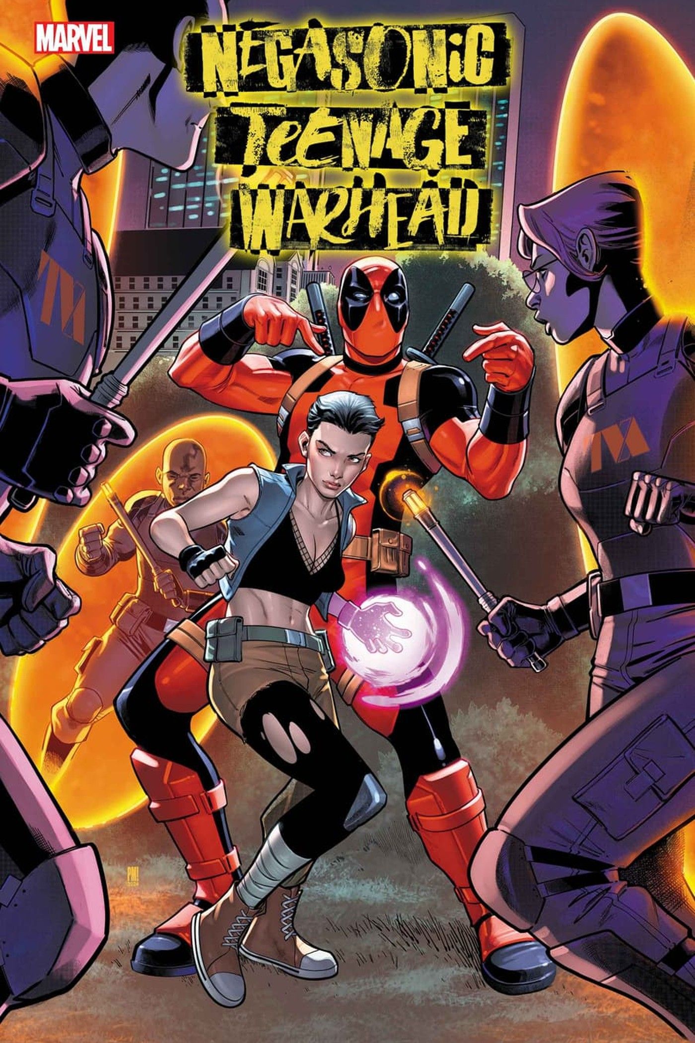 Capa da Negasonic Teenage Warhead #1, mostrando Deadpool se exibindo ao lado de seu aliado mutante homônimo.