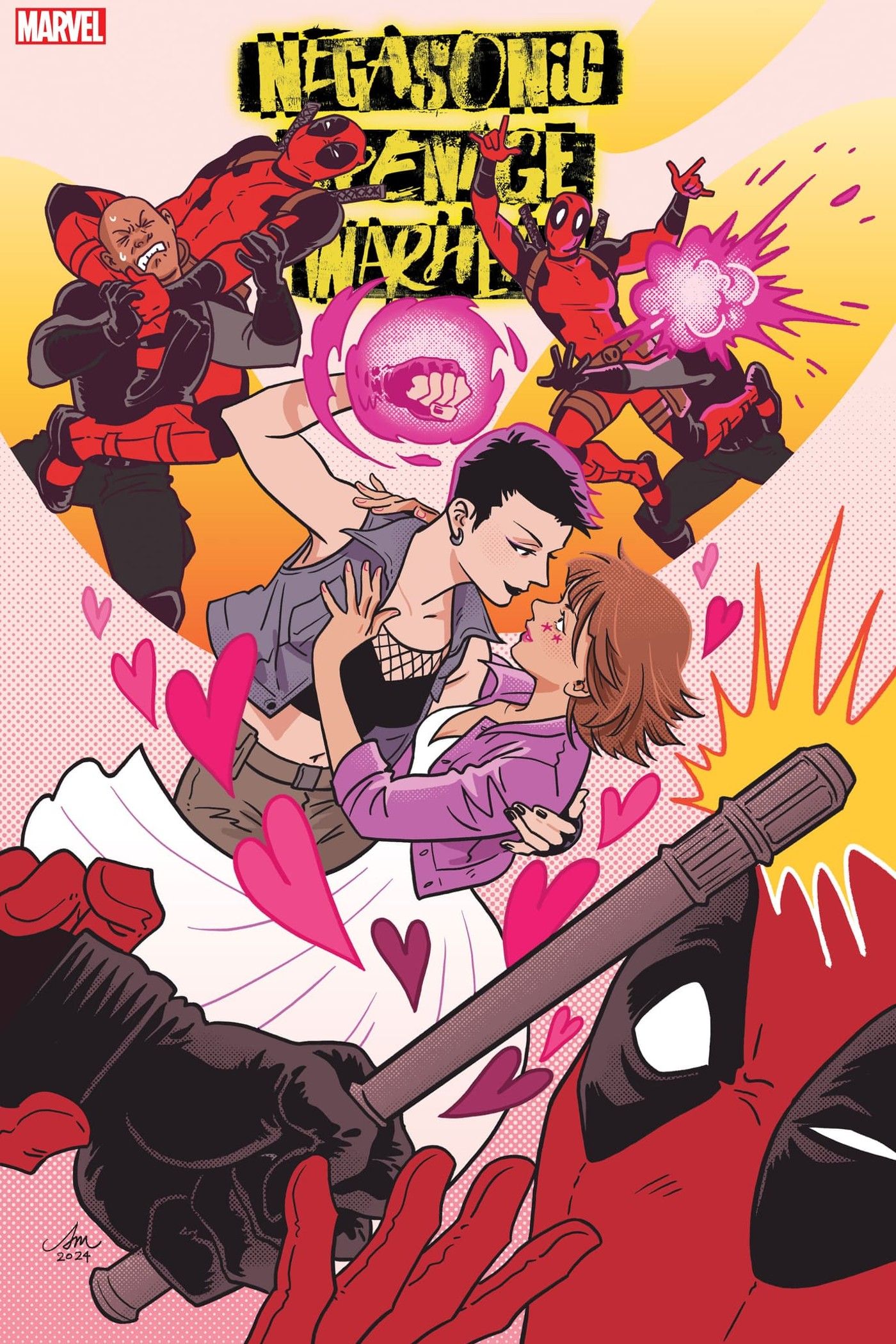 Comic book cover: Negasonic Teenage Warhead with her love interest, as Deadpool is bonked with a nightstick.