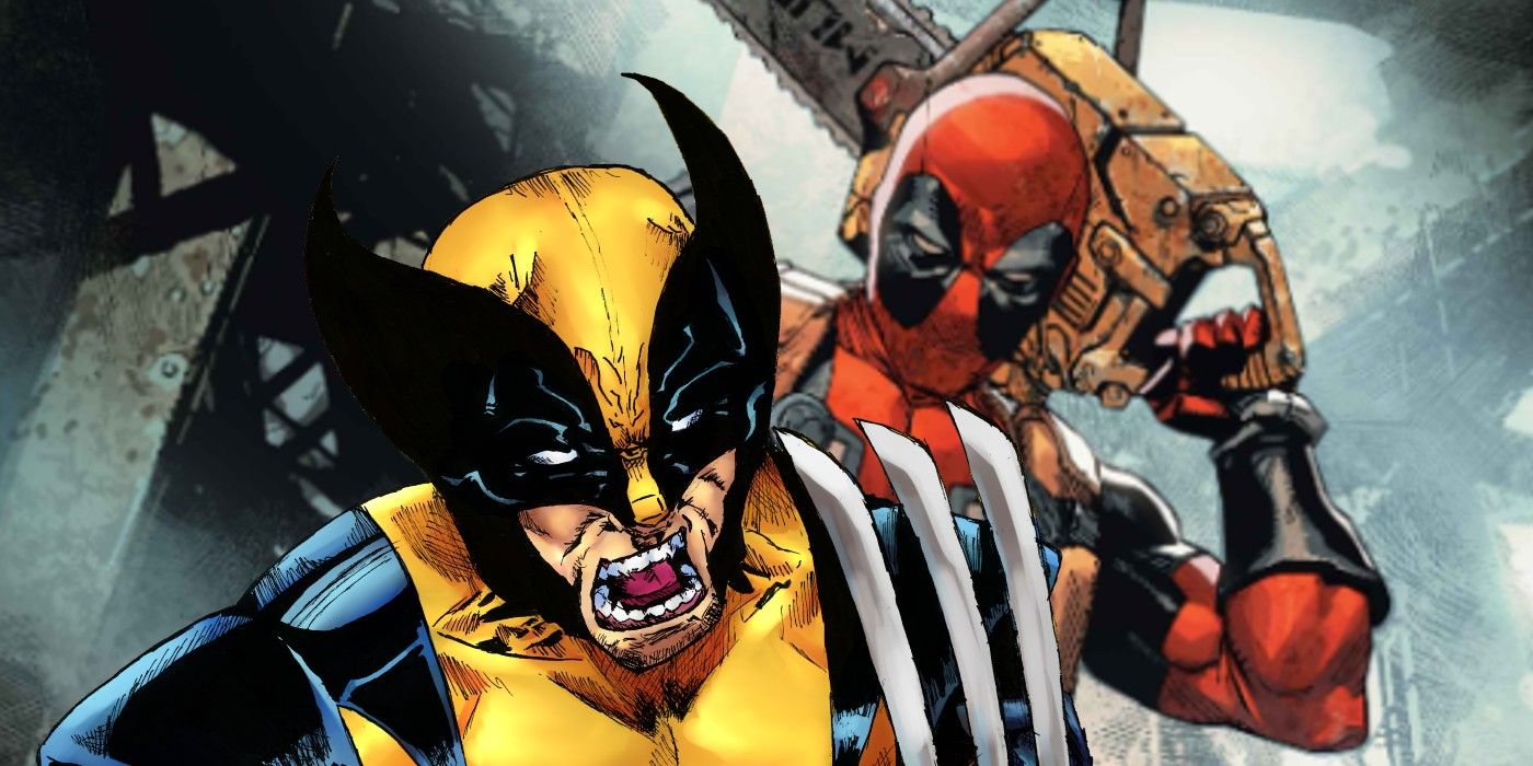 Wolverine yells with his left-hand claws out, overlaying an image of Deadpool holding a chainsaw over his shoulder.