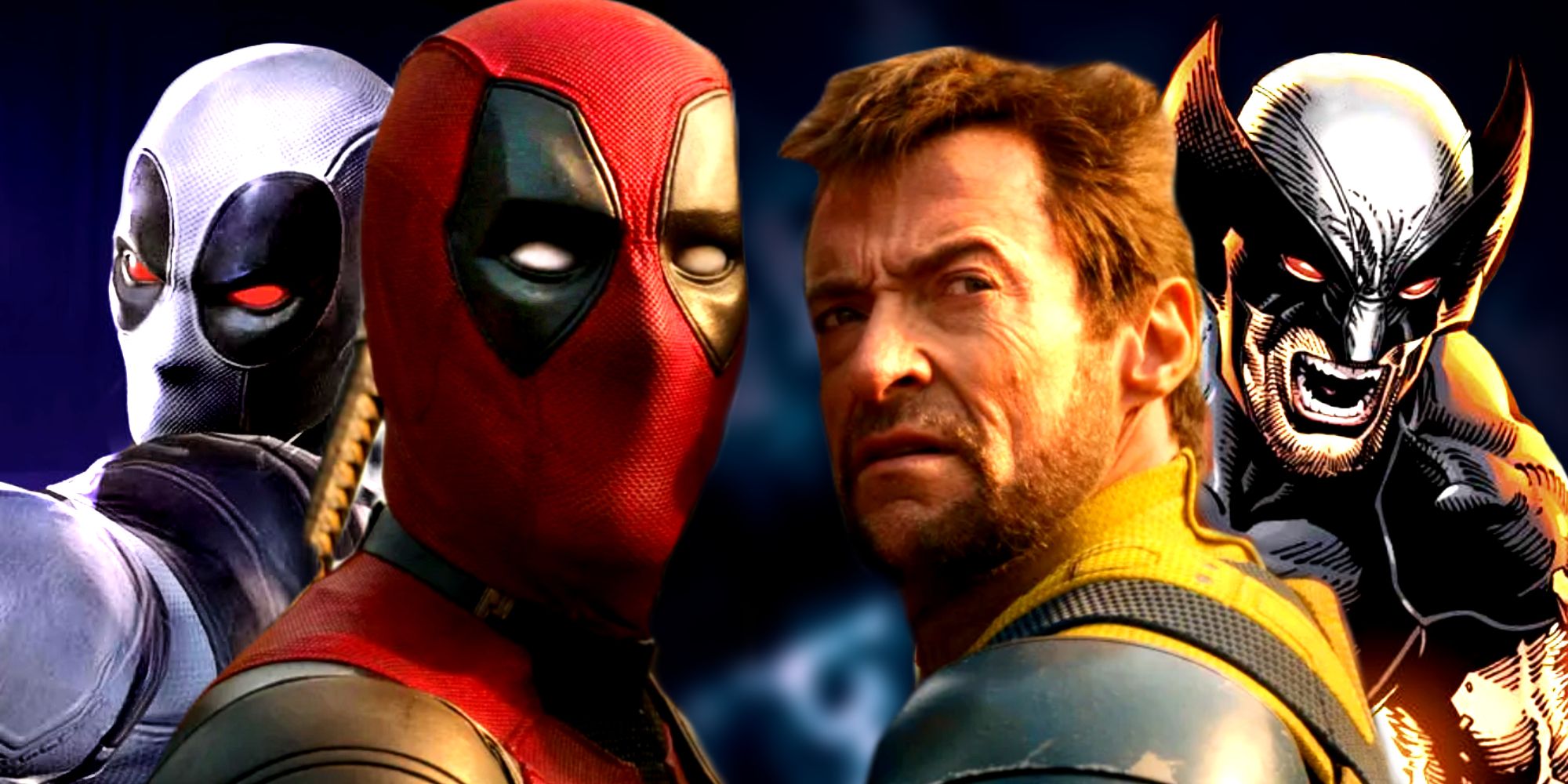 Deadpool & Wolverine tied up next to their Marvel Comics counterparts wearing their X-Force costumes