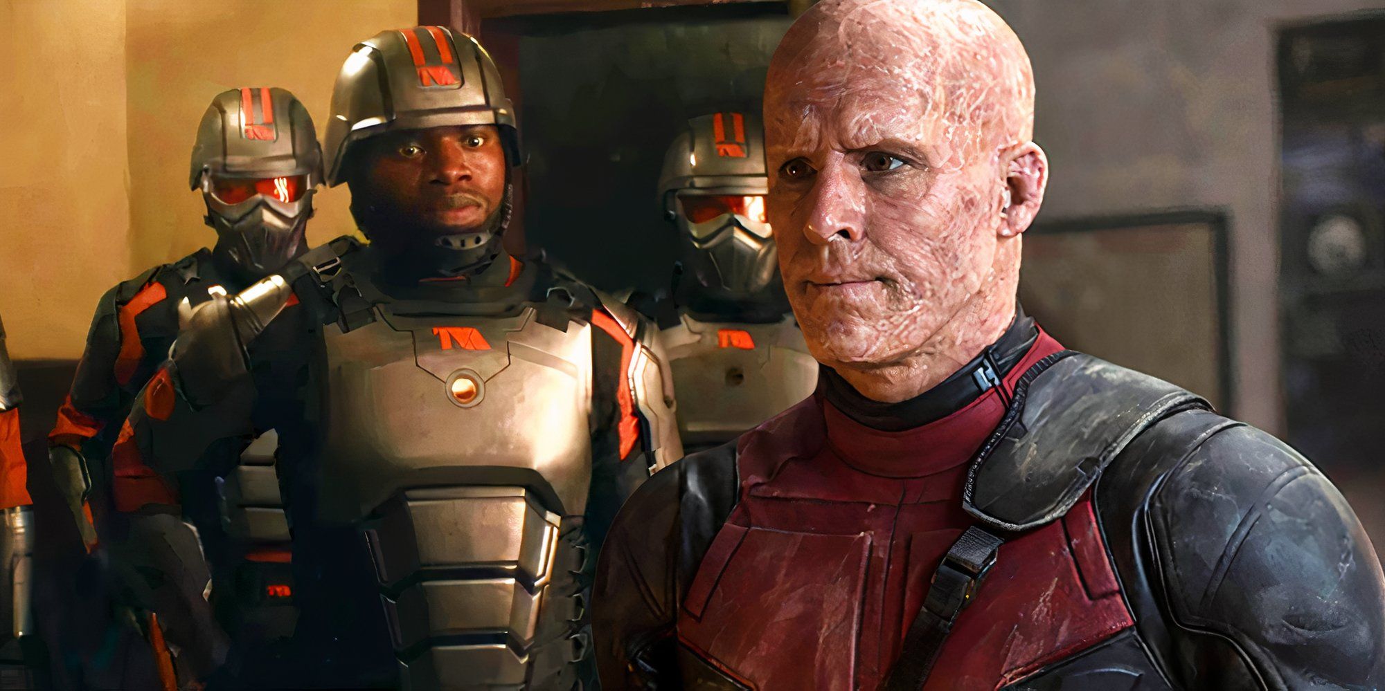 Ryan Reynolds as Wade Wilson in Deadpool &amp; Wolverine (2024) next to a group of TVA agents in the film