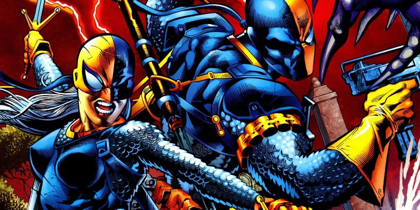 DC assassins Ravager (left) and Deathstroke (right) against a backdrop of red lighting and a dark sky.