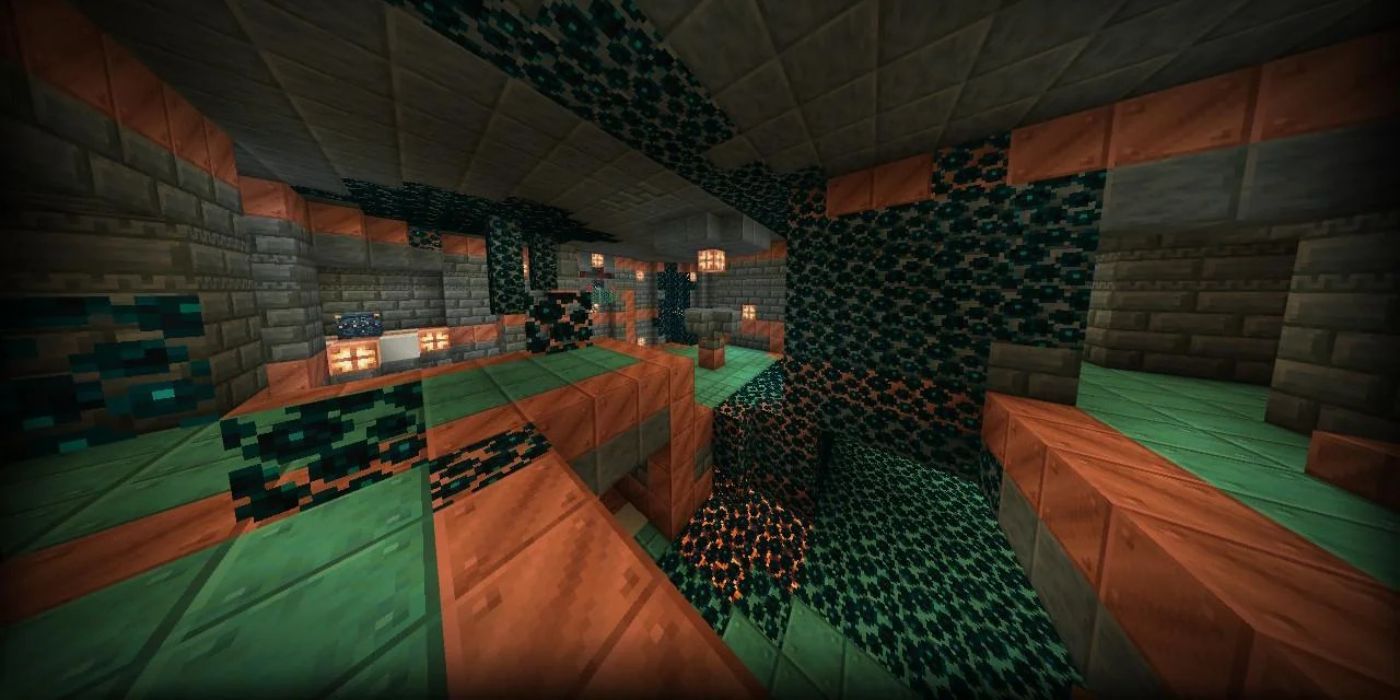 A view of a Trial Chamber underground in the Deep Dark biome in Minecraft.