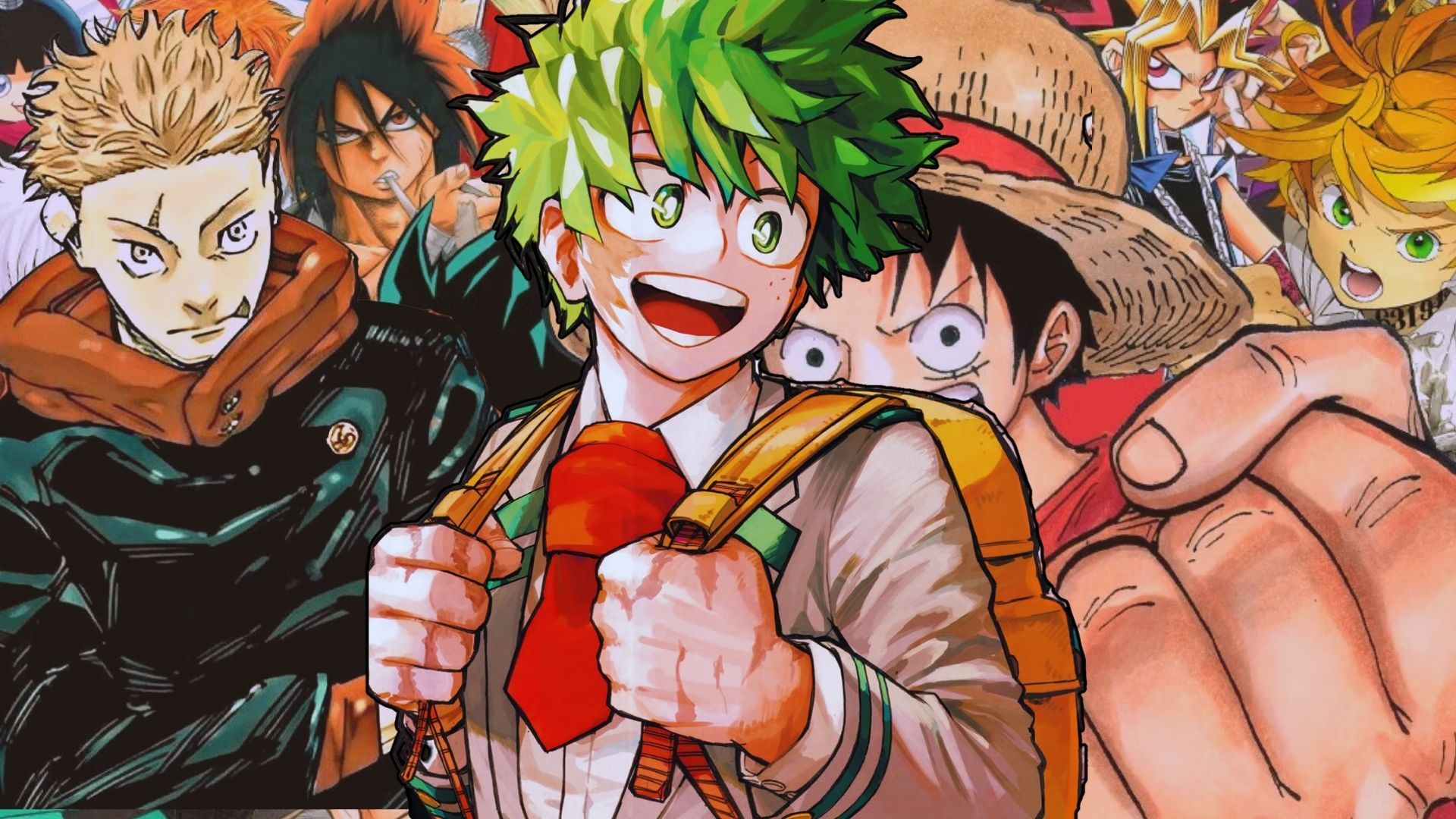 Deku from My Hero Academia in the middle with other shonen jump characters behind him