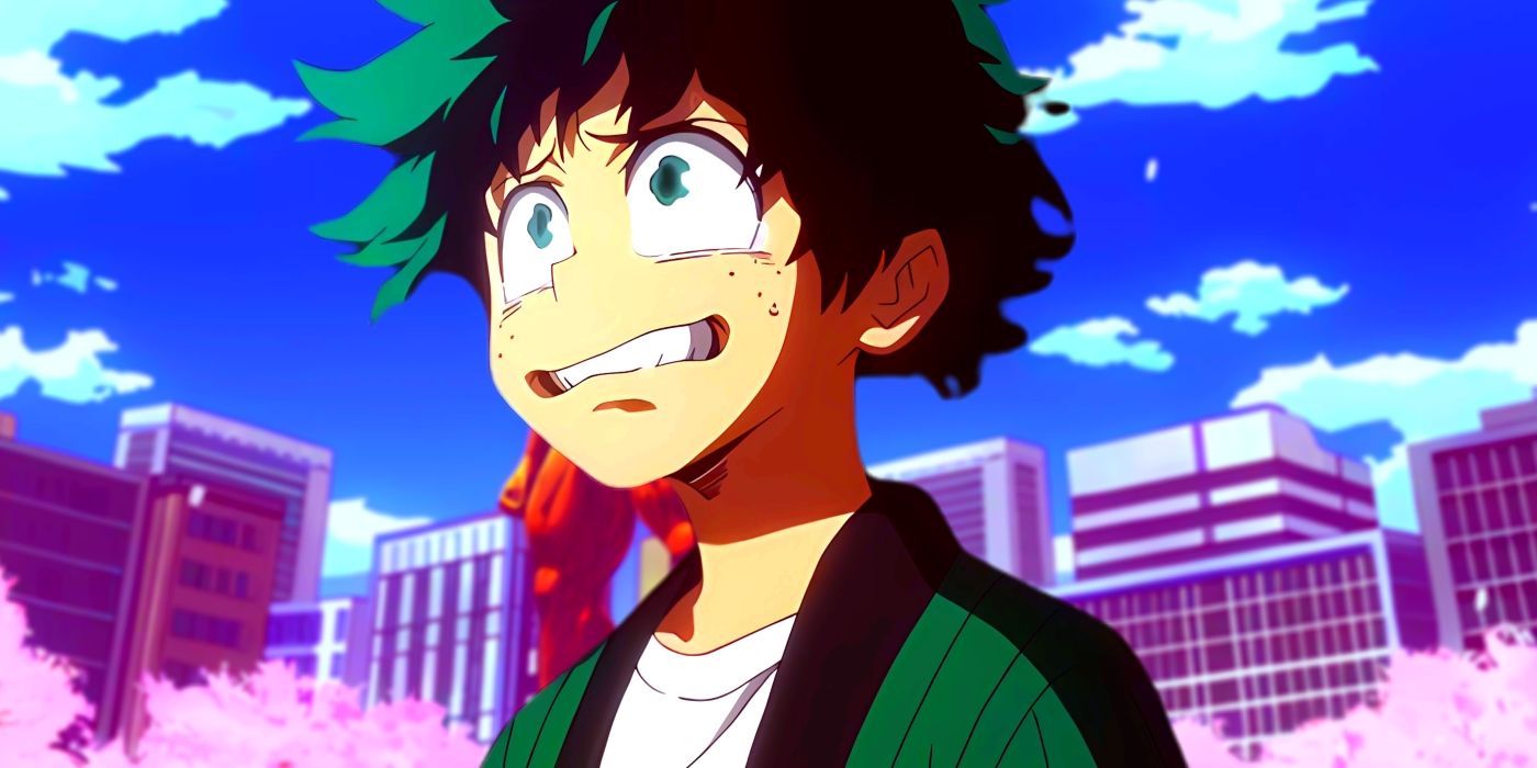 Deku wearing his pajamas, looking ready to cry. Behind him, the statue of All Might can be seen.