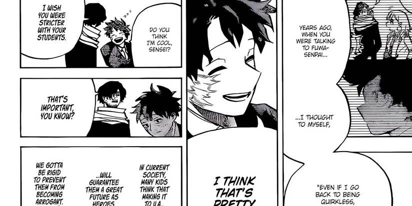 Deku thinking about his job, confessing that he decided to become a teacher after losing his Quirk.
