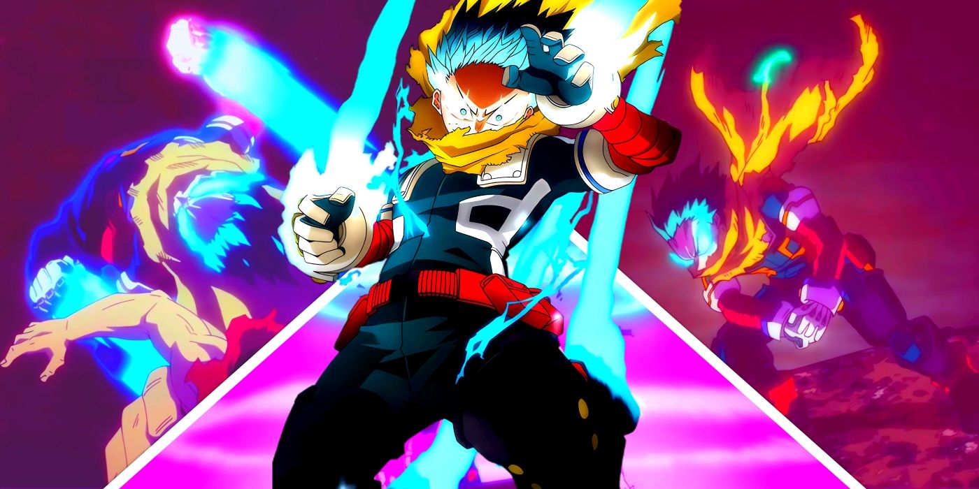 Deku using Gearshift during the battle against All For One. Behind him, various examples of the Quirk in use can be seen.
