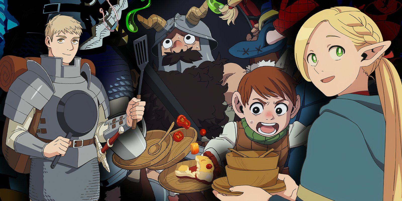 Laios and Marcille from Delicious in Dungeon hold kitchenware while Senshi and Chilchuck run from a monster in the background