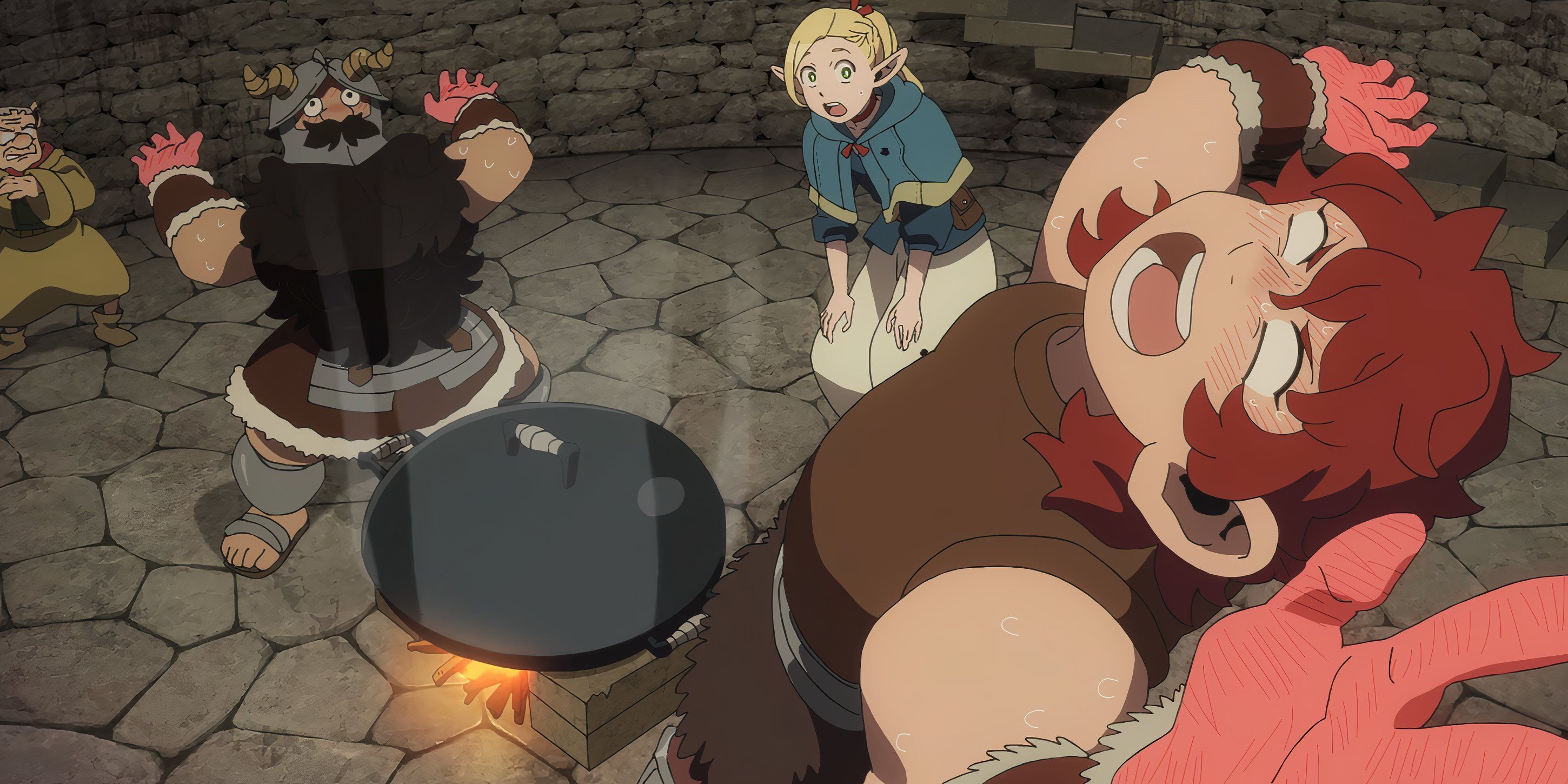 Senshi e Namari queimam as mãos na wok de Senshi enquanto pegam e fervem o Undine Delicious em Dungeon 