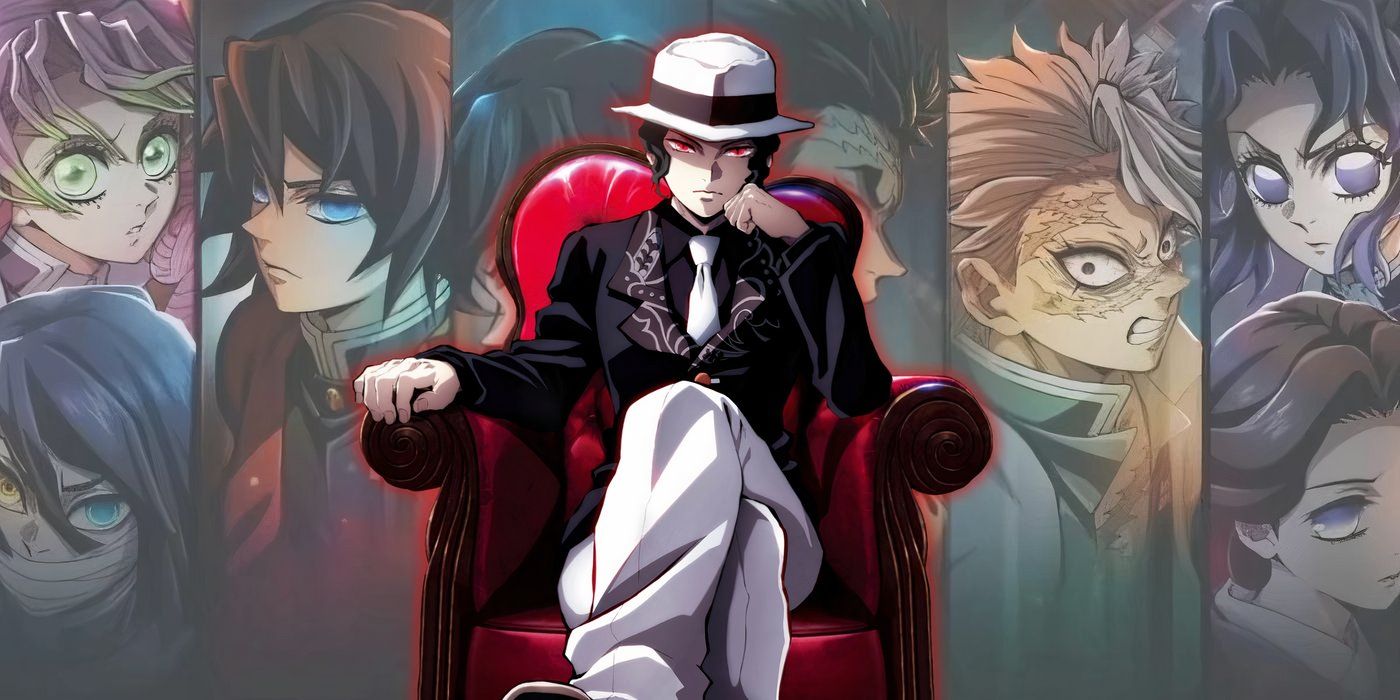 Muzan sitting in a chair, with the Hashira Infinity Castle Arc poster in the background
