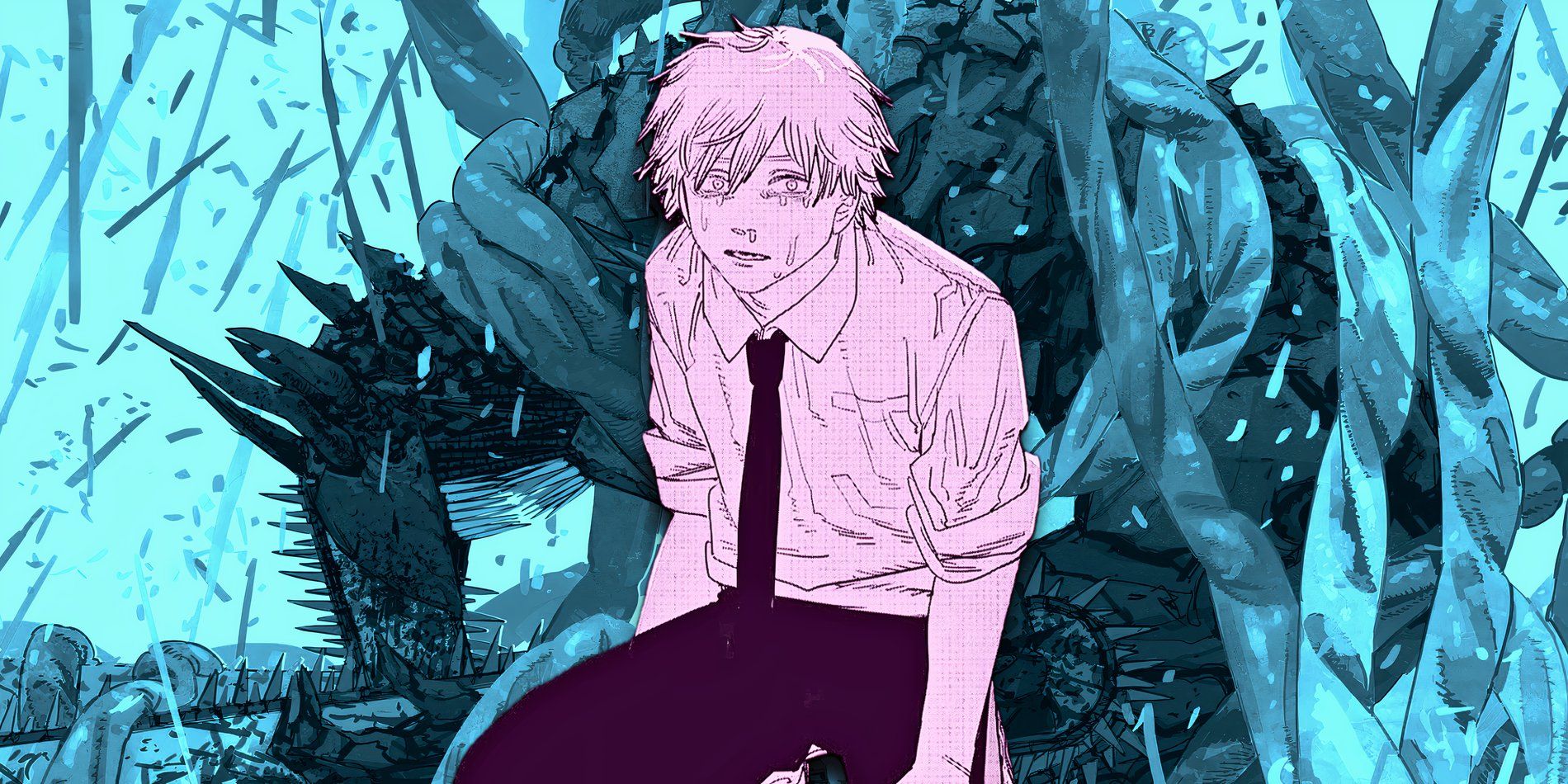 Denji crying, kneeling on the floor in front of full-armored Pochita.