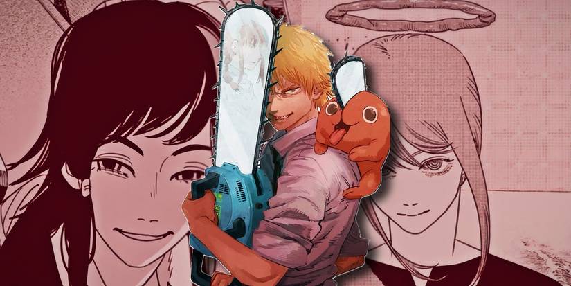 Chainsaw Man's Denji posing with a chainsaw in front of Makima and Fumiko.
