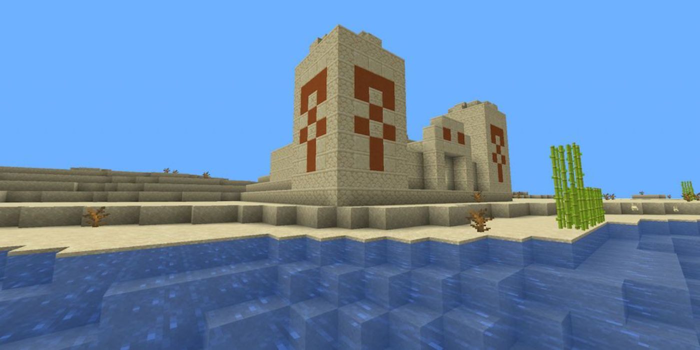 Desert island surrrounded by water, with a Desert temple full of loot in Minecraft.