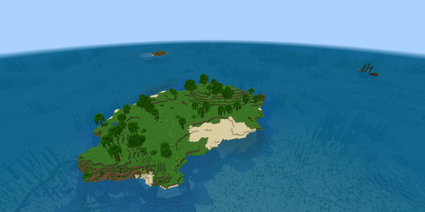 Vista de uma ilha deserta com um bioma de selva esparsa e um naufrágio ao fundo, na Semente PE da Ilha Deserta no Minecraft.