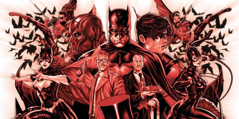 Comic book art: Batman in the center of the extended Bat-Family.