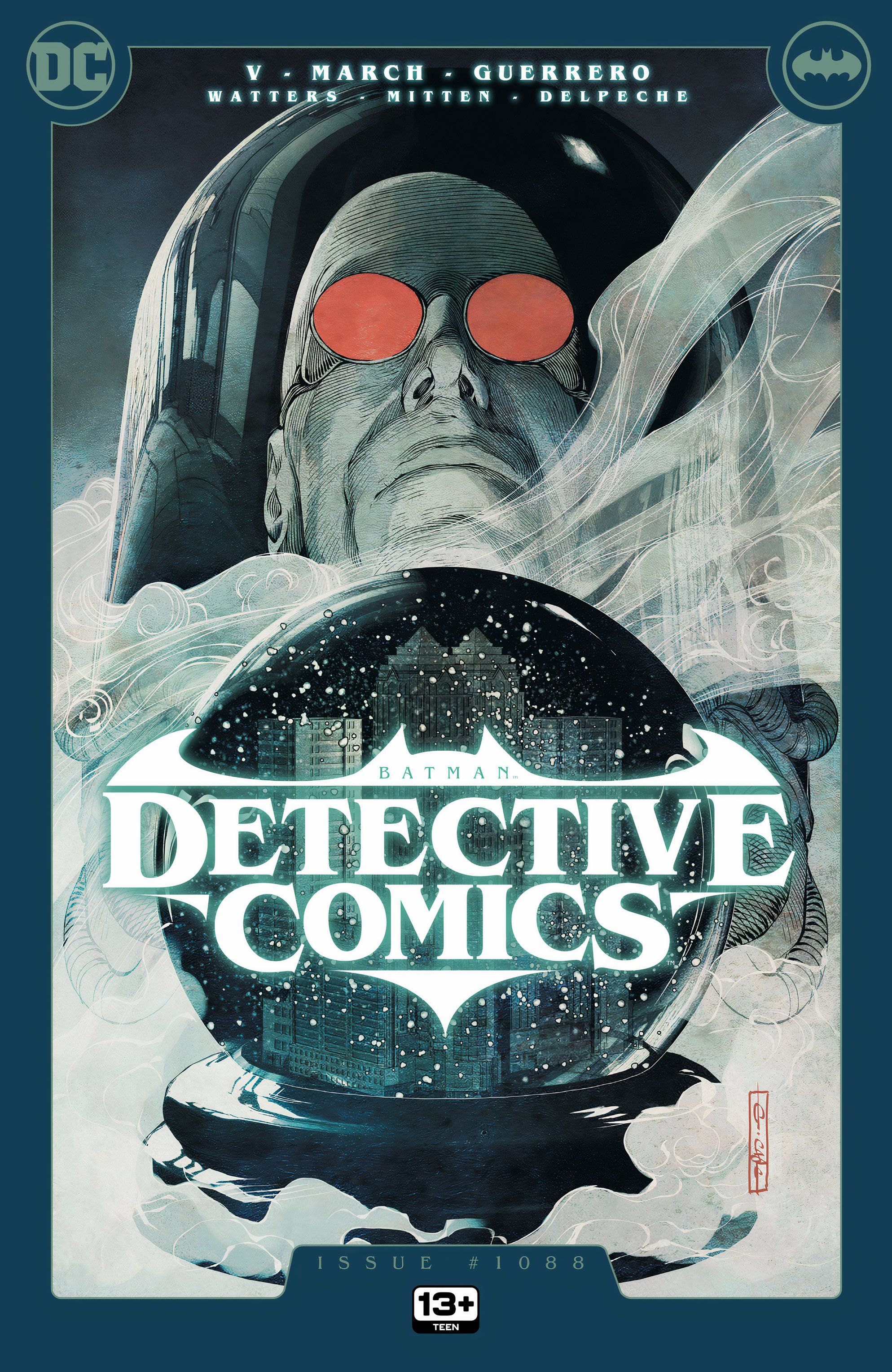 Portada principal de Detective Comics 1088: Mr. Freeze cae dentro de una bola de nieve sobre una ciudad nevada de Gotham.