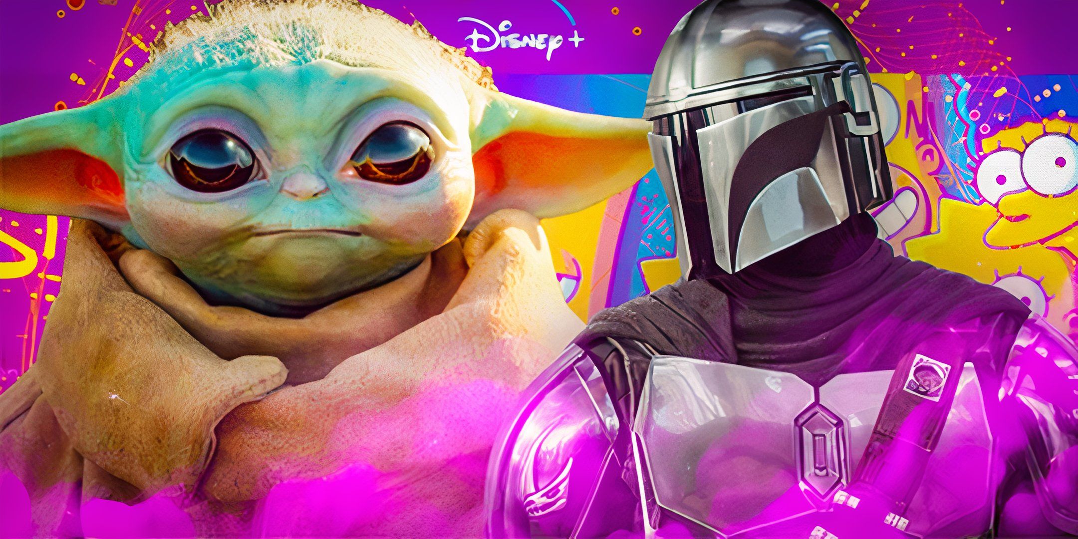 Din Djarin and Grogu as they appear in The Mandalorian, edited over the Disney+ homepage with other graphics