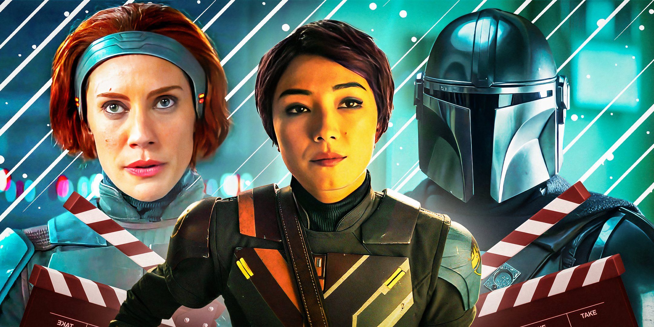 Bo-Katan Kryze (Katee Sackhoff), Sabine Wren (Natasha Liu Bordizzo) y Din Djarin (Pedro Pascal) editan juntos en Star Wars con varios gráficos