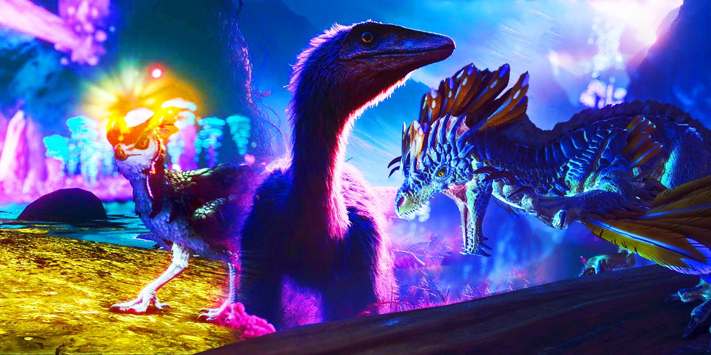 Uma colagem de três dinossauros diferentes da expansão Ark Survival Ascended Aberration.