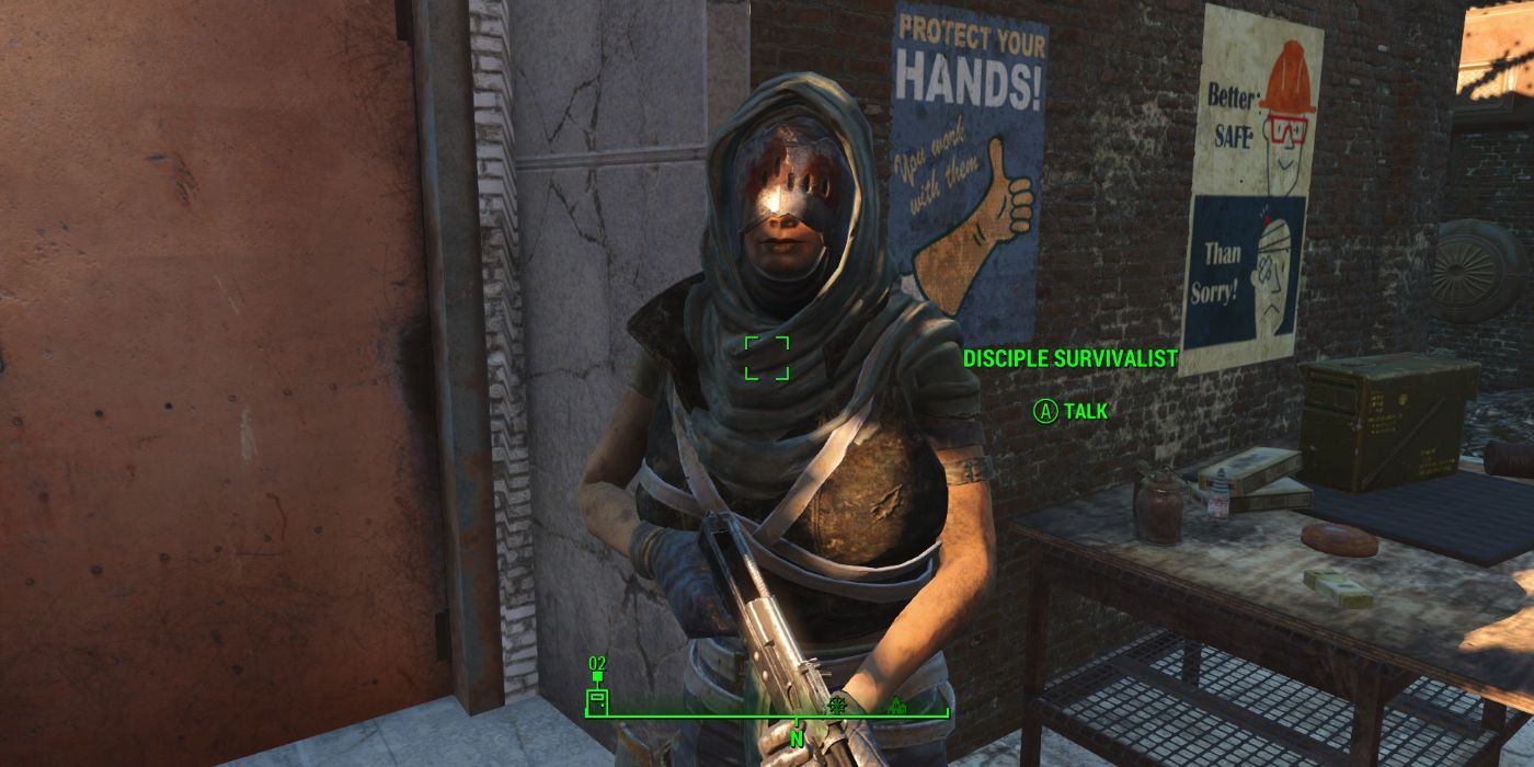 Player speaking to a Disciple Survivalist NPC dressed in Dsciples Metal Armor in Fallout 4.