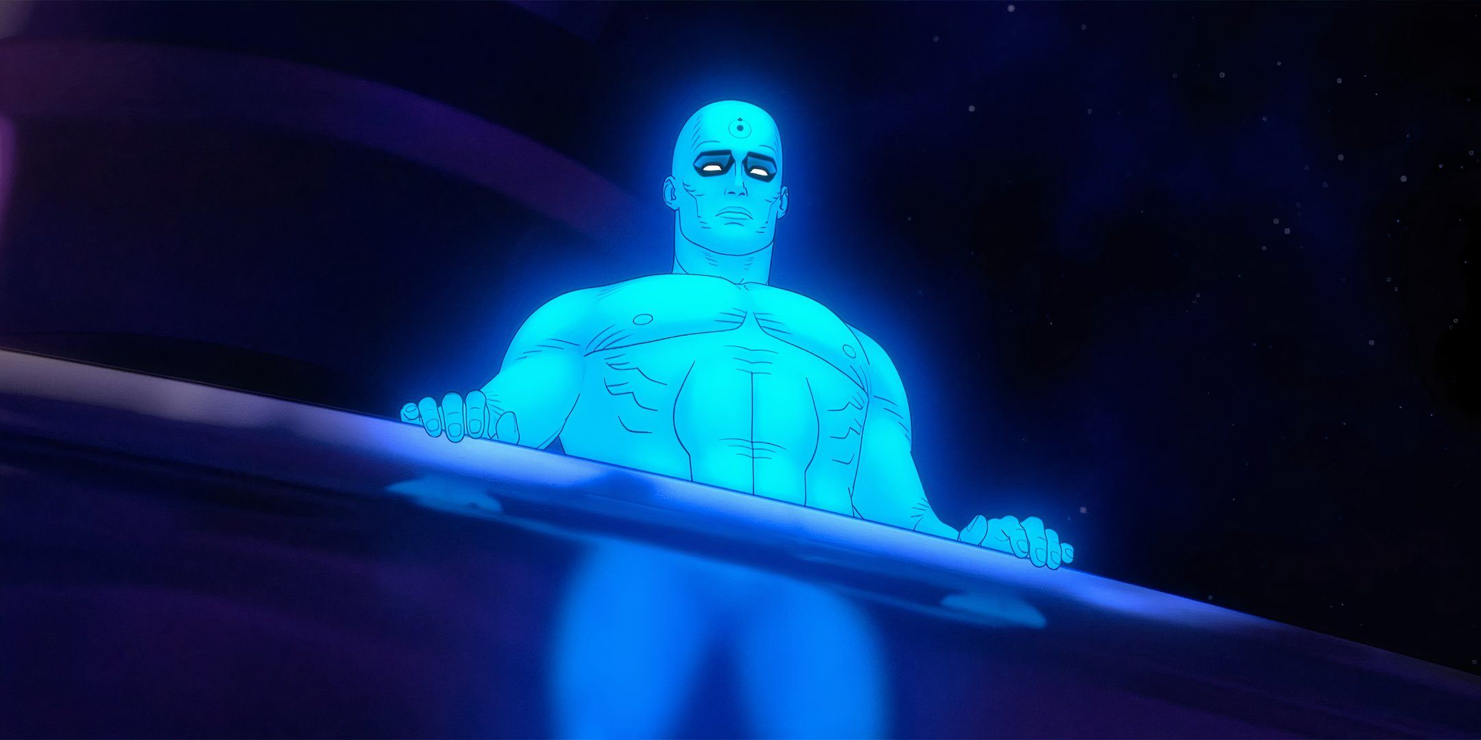 El Dr. Manhattan mira solemnemente desde un balcón en Marte en Watchmen Capítulo 1